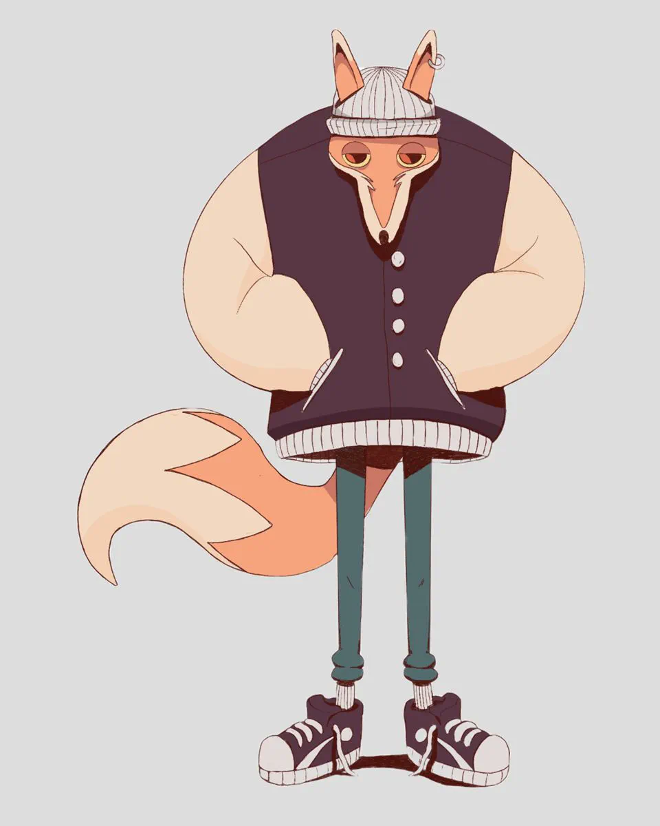 Personaje ilustrado: un zorro con gorro de lana, chaqueta y zapatillas