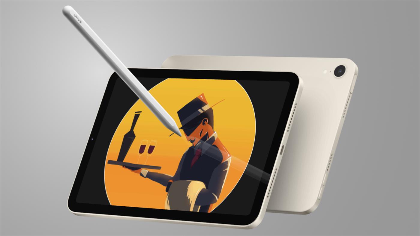 Ilustración de un camarero con sombrero sobre fondo naranja en una tableta