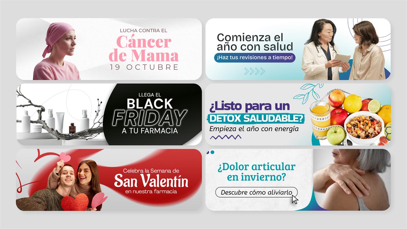 Seis banners de campañas para farmacia: Cáncer de Mama, Black Friday, San Valentín y más